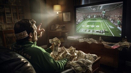A football fan watching a game on TV with the TV printing money out. The money lands on a side table.