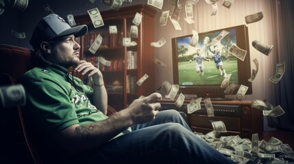 A football fan watching a game on TV with the TV printing money out. The money lands on a side table.