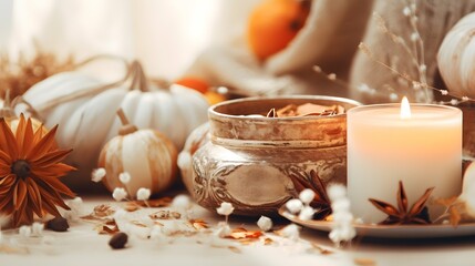 Obraz na płótnie Canvas Pumpkin spice potpourri and candles, cozy background layout
