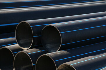 PE pipe plant, Industrial PE pipeline for gas and water. HDPE pipe, Polyethylene PE100 pipe. Polyethylene pipe plant