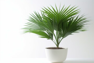 A close-up view of a potted palm tree against a white background. Generative AI