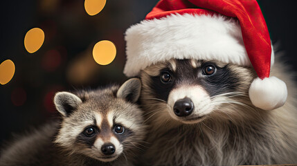 Racoon  wearing Santa's red hat 