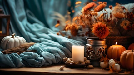 Pumpkin spice potpourri and candles, cozy background layout
