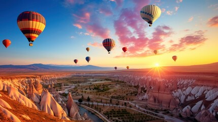 Beautiful hot air balloons flying in the fantastic Cappadocia region sky