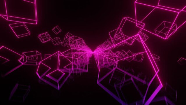 Flight between two polygonal neon tunnels. Abstract sci fi geometric background. Corridor. Futuristic concept. Glowing structure with reflections. Moving forward 3d animation