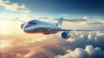 Fototapeta premium Conceptual futuristic airplane full body view flying in the beautiful dramatic sky