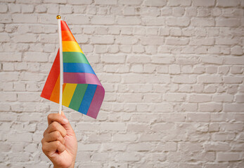 Rainbow flag showing in hand against white brick wall background.