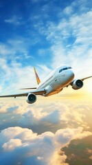 Obraz premium Modern passenger airplane flying in the fantastic beautiful bright sky