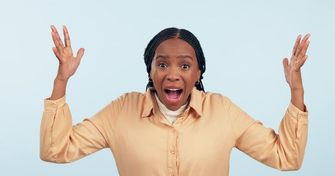 Black woman, mind blown and surprise for shocking news, announcement or notification against a studio background. African female person in wow, deal or discount sale for what, how or why on mockup