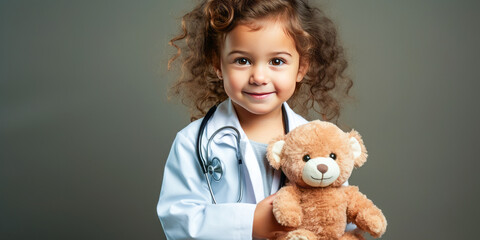 Charming redhead girl in doctor's coat playfully examines teddy bear with stethoscope.