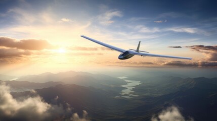 Modern glider flying in the beautiful bright sky