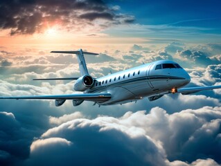 Naklejka premium Modern private jet airplane flying in the beautiful sunset sky