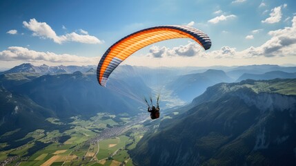 Paraglider flying in the beautiful valley between mountains