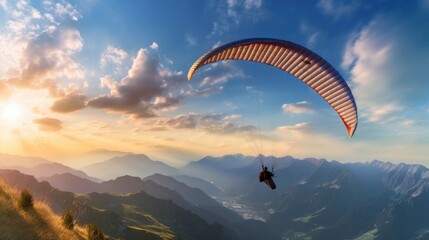 Paraglider flying in the beautiful valley between mountains - obrazy, fototapety, plakaty
