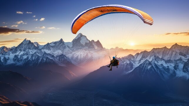 Paraglider flying in the beautiful valley between mountains