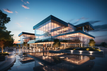 view of the buildings at dusk.