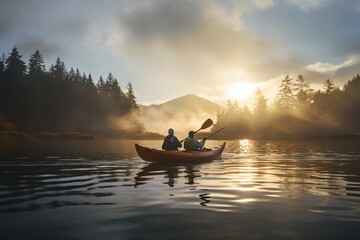 On a serene waterfront, seniors paddle in kayaks, their faces radiating joy as they navigate the tranquil waters, celebrating the sense of adventure and exploration that paddling o  - obrazy, fototapety, plakaty