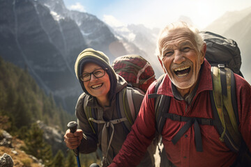 In a mountainous landscape, elderly hikers climb along a rugged trail, their faces beaming with delight as they embrace the challenges of the ascent, their smiles a testament to th 
