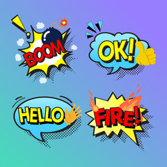 Vector comic lettering hello boom fire ok comic speech bubble with emotional text hello vector cartoon illustration