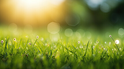 Obraz premium banner background, grass from the bottom angle, bright bokeh behind 
