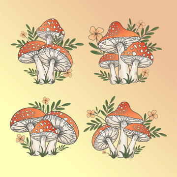 Vector mushrooms flat set with isolated compositions of forest mushrooms with edible and poisonous species