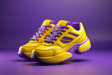 Stunning athletic and formal shoes for various styles. Vibrant yellow pumps and sneakers on a purple backdrop. Ample room. Realistic 3D representation. Generative AI