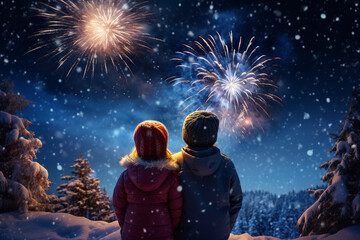 Magic night with fireworks two kids sitting together made with Generative AI technology