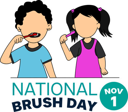 Illustration of national brush day. Boys and girls brushing their teeth