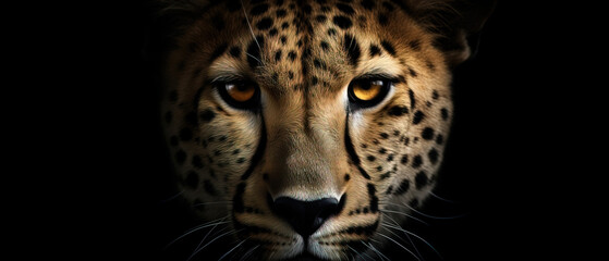 Front view of  on black background. Wild animals cheetah banner with copy space
