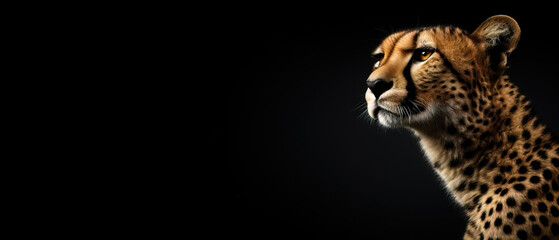 Front view of  on black background. Wild animals cheetah banner with copy space
