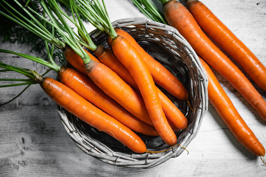 Fresh carrots in basket.