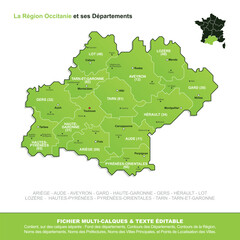 Carte de la région Occitanie, ses départements et ses villes - obrazy, fototapety, plakaty