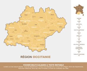 Carte de la région Occitanie, ses départements et ses villes