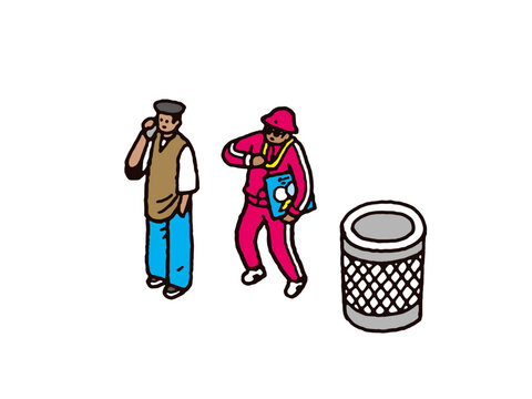 90年代ヒップホップファッションの男性とゴミ箱