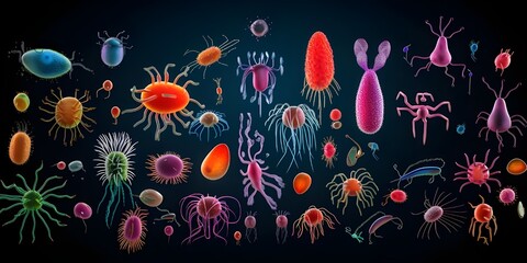 Bacteria and virus vector icons. germs, coronavirus, prokaryotes, bacteriophage, pathogen hepatovirus and different types of virus color illustration. disease-causing bacterias, viruses and microbes.
 - obrazy, fototapety, plakaty
