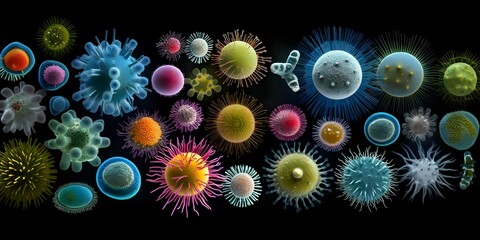 Pathogenic bacteria and viruses microscopic microbes that cause infectious diseases viral and bacterial infections, 
Microorganism Stock, GENERATIVE AI


 - obrazy, fototapety, plakaty