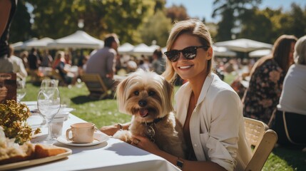 Petfriendly event in city park. Community with welcoming attitude to small dogs. Happy woman enjoying her lunch with pet. Summer vibe with cheerful people. Pet friendly outdoor restaurant or cafe. - obrazy, fototapety, plakaty