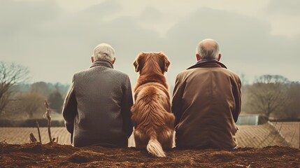 Cute senior elderly couple with loyal dog. Bond of lifelong love and companionship they share. Aged happy pet symbolizes the important aspects of life  loyalty, love, and togetherness. - obrazy, fototapety, plakaty