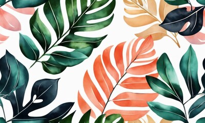 Tropical leaves pattern, seamless texture, luxury watercolor 3d illustration. Minimal art, beautiful mural, hd wallpaper, pastel background, hand-drawn. design, stylish modern art, Generative AI