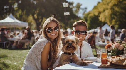Petfriendly event in city park. Community with welcoming attitude to small dogs. Happy woman enjoying her lunch with pet. Summer vibe with cheerful people. Pet friendly outdoor restaurant or cafe.