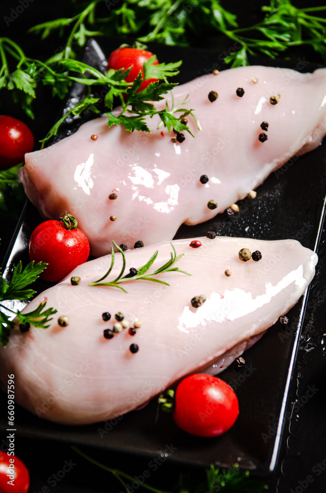 Poster Fresh chicken fillet with spices.