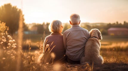 Cute senior elderly couple with loyal dog. Bond of lifelong love and companionship they share. Aged happy pet symbolizes the important aspects of life  loyalty, love, and togetherness.