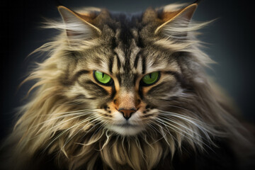 Big angry furry grey brown cat with green eyes and strips on black background. Wild nature concept