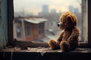 Abandoned teddy bear by a window overlooking a war-torn city, illustrating the impact of war on childhood