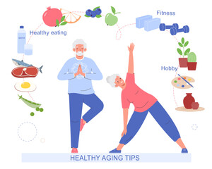 An elderly couple does yoga. Healthy and active lifestyle for old people. Healthy aging concept. Healthy food, fitness and hobbies.