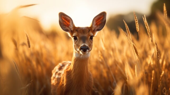 Young roe deer gazing intently in a sunlit golden field