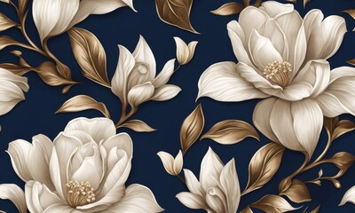 Premium wallpaper, mural art. Floral seamless pattern, magnolia flowers, tropical design in dark blue colors. Watercolor 3d illustration. Baroque style, digital paper. Modern background, Generative AI - obrazy, fototapety, plakaty