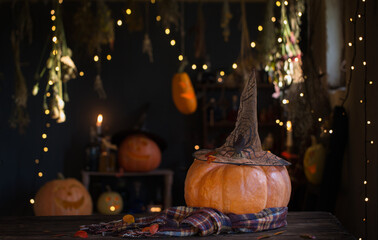 Halloween pumpkins on old wooden table on background Halloween decorations