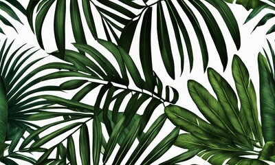 Tropical background with green textured palm leaves, foliage. Seamless pattern. Hand-drawn premium vintage 3d illustration. Luxury wallpapers, fabric printing, mural, cloth, poster, rags,Generative AI