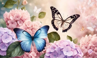 Big blue butterflies, hydrangea flowers bouquets in delicate pastel rose pink, beige, purple colors. Tropical hd wallpaper, luxury mural, premium texture. Watercolor 3d illustration. Generative AI - obrazy, fototapety, plakaty